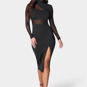 Mesh Inset Long Sleeve Midi Dress