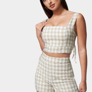 Gingham Cropped Lace Up Detail Top