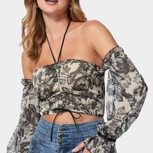 Cropped Puff Sleeve Cinched Blouse