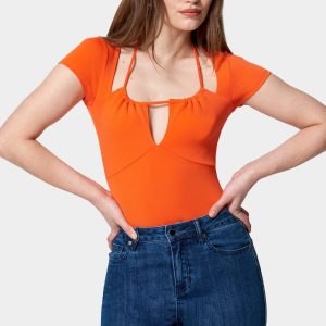 Short Sleeve Tie Ruched Neck Knit Top