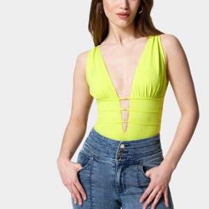 Sleeveless Ruched Deep V Knit Bodysuit