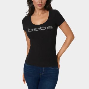 Bebe Logo Short Sleeve Round Neck Rib Top