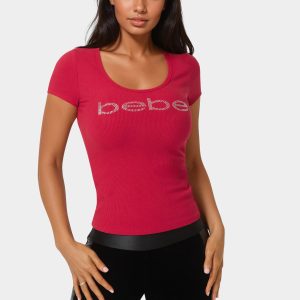 Bebe Logo Short Sleeve Round Neck Rib Top