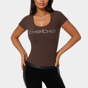 Bebe Logo Short Sleeve Round Neck Rib Top