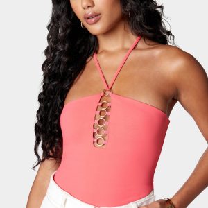 Neck Tie Plunging Ring Detail Tube Top