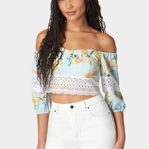 Off Shoulder Crochet Lace Detail Linen Top