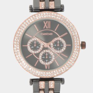Glossy Gun Metal Dial Crystal Bezel Watch