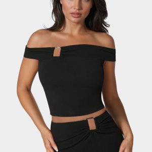 Off Shoulder Metal Trim Top And Skirt