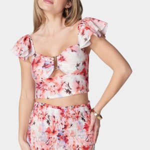 Ruffle Sleeve Metal Trim Printed Top