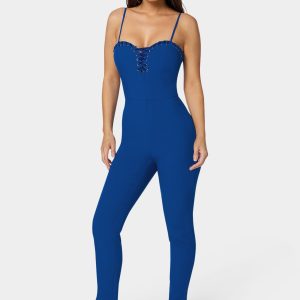 Lace Up Neckline Slim Leg Jumpsuit