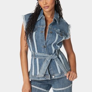 Semi Fitted Lace Applique Denim Vest