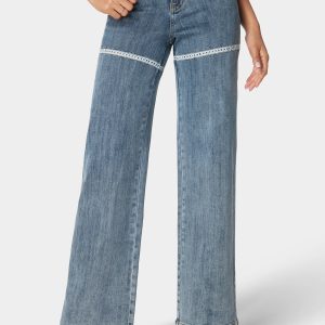 High Waist Lace Applique Wide Leg Jeans