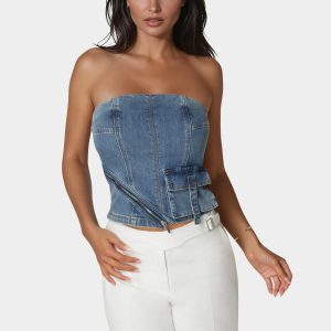 Zipper And Cargo Detail Denim Top