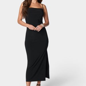 Cowl Neck Spaghetti Strap Slit Maxi