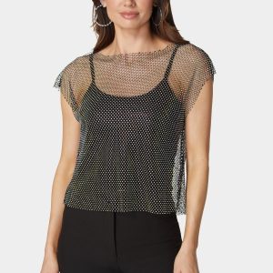 Rhinestone Fishnet Top With Knit Tank