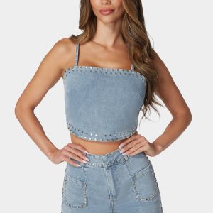 Twist Back Studded Denim Top