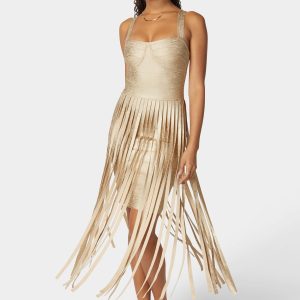 Sweetheart Bandage Top With Fringe Maxi Skirt Dress