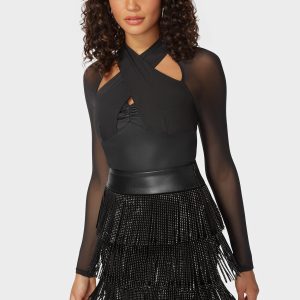 Coated Knit Combo Mesh Halter Neck Bodysuit
