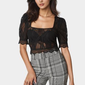Scallop Hem Lace Trapeze Neck Top