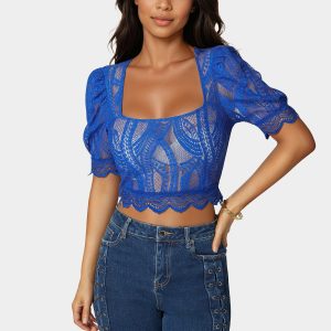 Scallop Hem Lace Trapeze Neck Top
