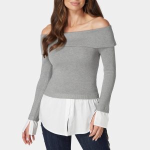 Poplin Combo Fold Over Off Shoulder Sweater Top