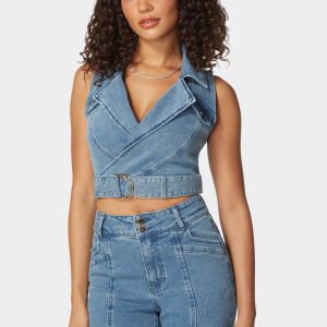 D Ring Belt Denim Wrap Top