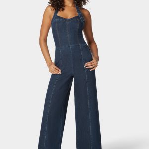 Halter Neck Buckle Detail Wide Leg Denim Jumpsuit
