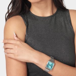 Silver Mesh Strap Rectangle Diamond Dial Watch