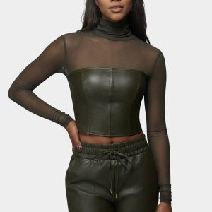 Mock Neck Mesh Combo Vegan Leather Top