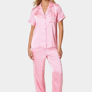 Notch Collar Silky Satin Sets