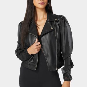 Ruched Organza Sleeve Vegan Leather Moto Jacket