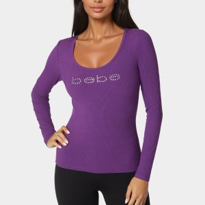 Bebe Logo Long Sleeve Scoop Neck Single Stone Rib Top