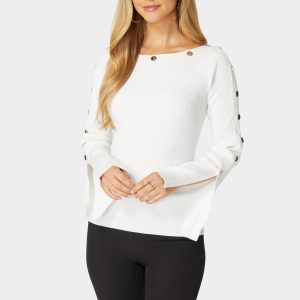 Off Shoulder Bateau Snapped Slit Sweater