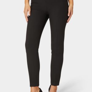 High Waist Vegan Leather Yoke Woven Twill Slim Leg Pant