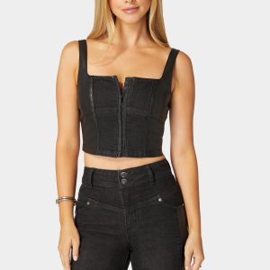 Eyelet Front Combo Vegan Leather Denim Corset