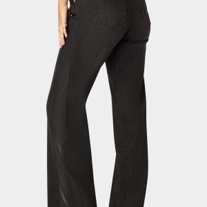 High Waist Vegan Leather Side Panel Wide Leg Jean