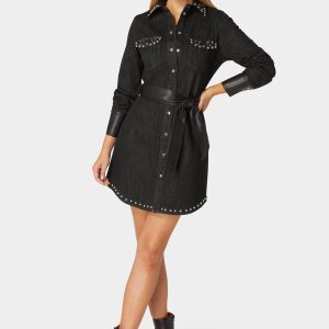 Fitted Combo Vegan Leather Studded Denim Shirt Dress