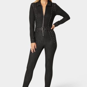 Skinny Studded Zip Up Front Denim Jumpsuit