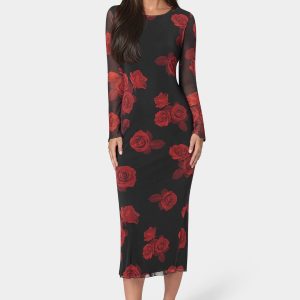 Long Sleeve Printed Powermesh Maxi