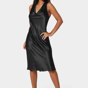 Drape Front Sleeveless Satin Midi Dress