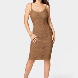 Ruched Mesh Midi Dress