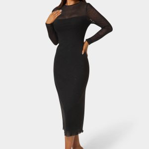 Rhinestone Mesh Long Sleeve Maxi Dress