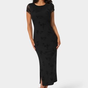 Flocking Mesh T-Shirt Maxi Dress