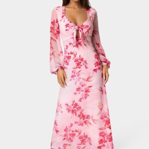 Printed Chiffon Tie Front Maxi Dress