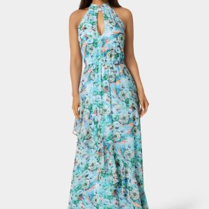 Printed Chiffon Halter Ruffle Dress