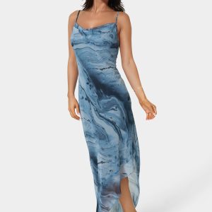 Printed Chiffon Cowl Asymmetrical Maxi Dress