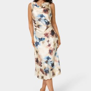 Printed Satin Cowl Maxi Dress
