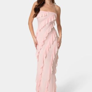 Strapless Mesh Ruffle Maxi Dress