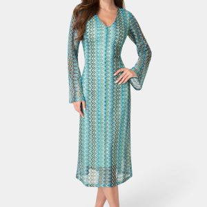 Crochet Stripe Bell Sleeve Maxi Dress