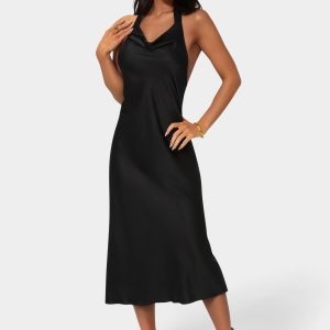Satin Halter Front Cowl Neck Midi Dress